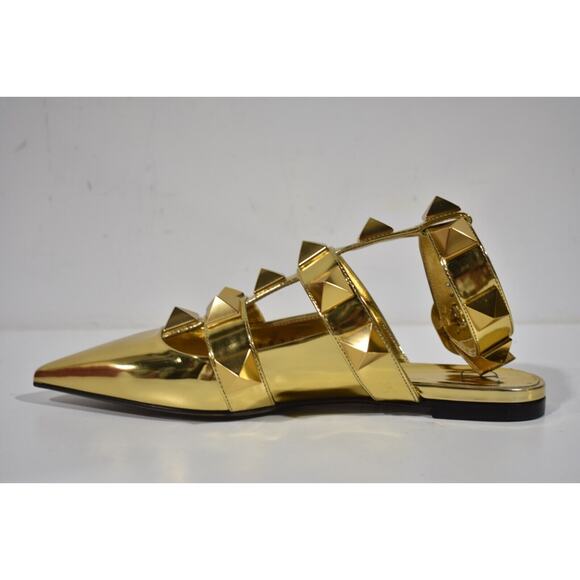 Valentino Rockstud Gold Pyramid Stud Pointed Ankle Strap Ballerina Flat 37 - Picture 8 of 12